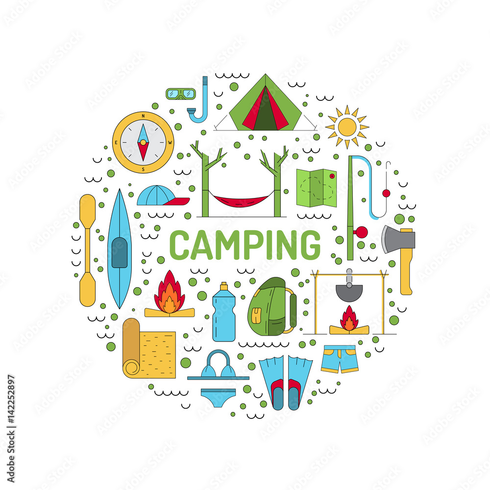 Vector linear icons on the topic of camping and Hiking in the wild, forest, lake, mountains, painted in a linear style.