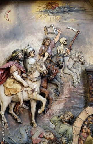 The four horsemen of the apocalypse, Saint George altar in the Basilica of the Sacred Heart of Jesus in Zagreb, Croatia photo