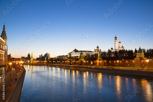 Beautiful night view of Moscow - river and the Kremlin. Moscow, Russia.