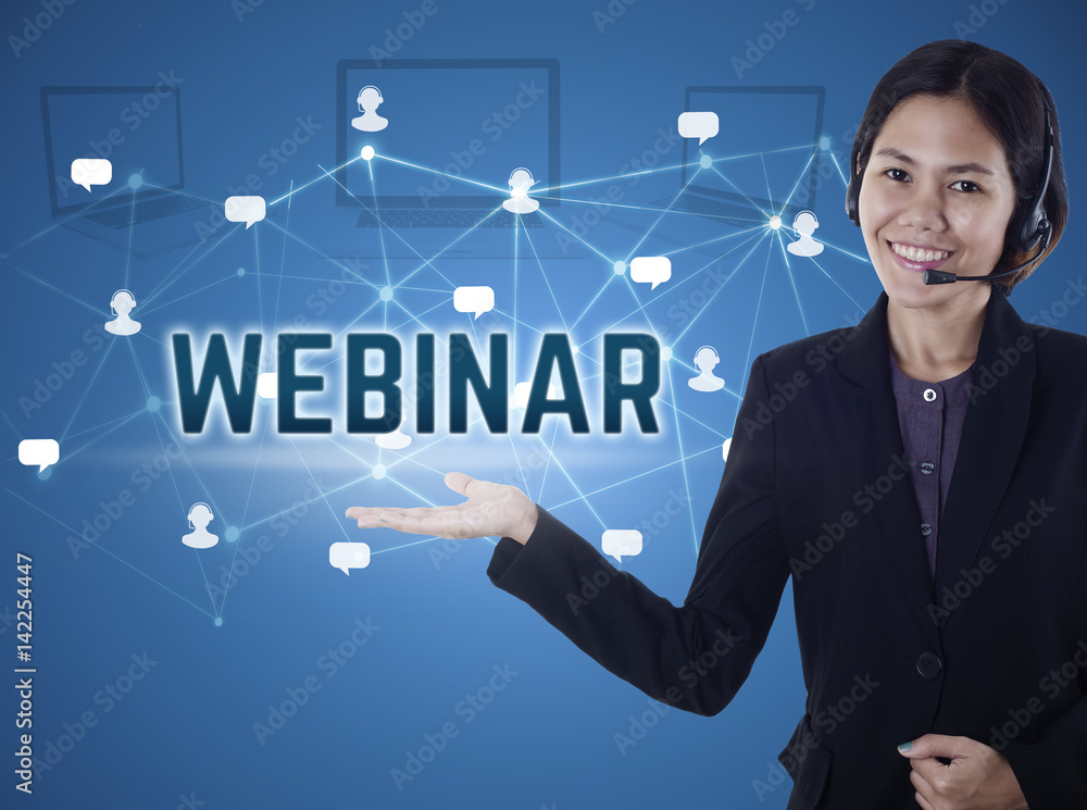 Asia women happy smiling customer support operator with hand holding wording webinar. business communication concept. Asia women happy smiling customer support operator with hand holding wording webinar. business communication concept.
