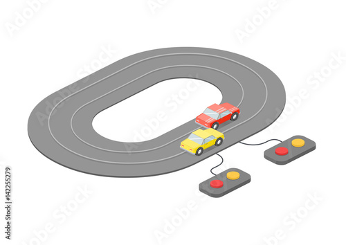Children's toy road. Racing. Car battle. Isometric vector illustration.