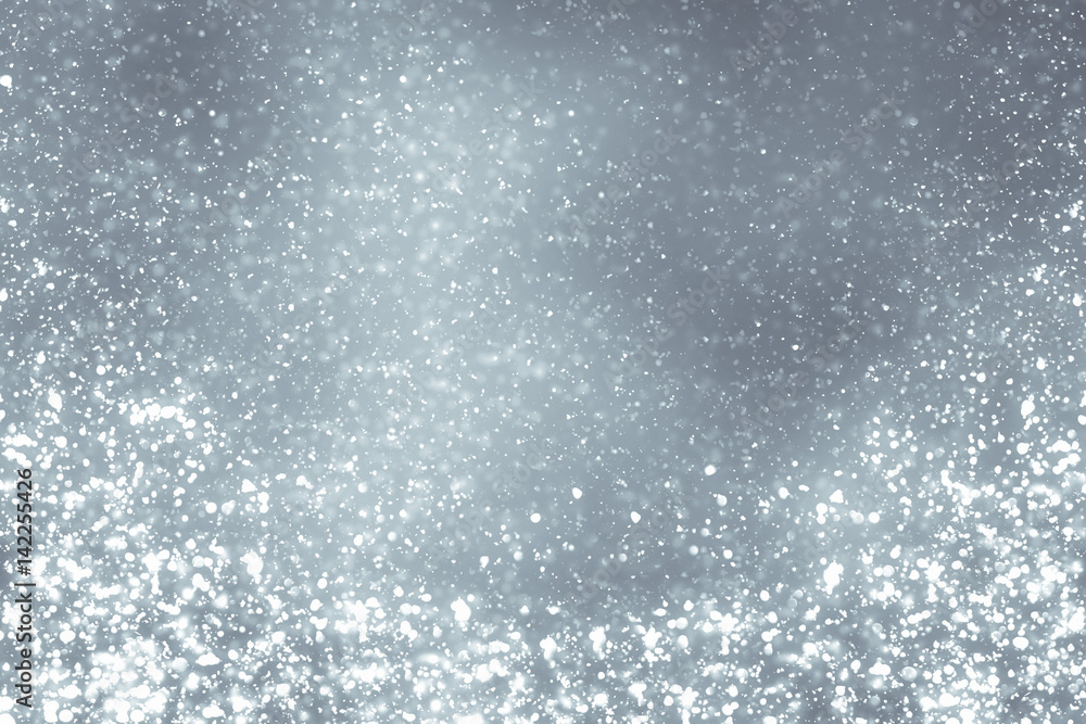 Abstract silver background with white particles. Round bokeh or glitter lights. Design template