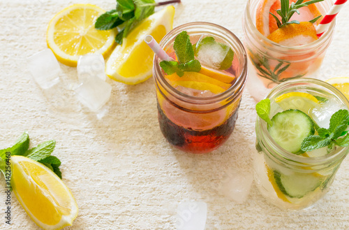 Refreshing summer drinks with blackberries, grapefruit, lemon and mint, water sassi. The concept of healthy and dietary nutrition. Copy space.