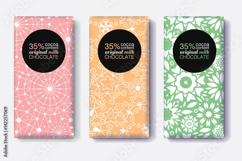 Vector Set Of Chocolate Bar Package Designs With Modern Black and Pastel Colors Geometric Patterns. Editable Packaging Template Collection.