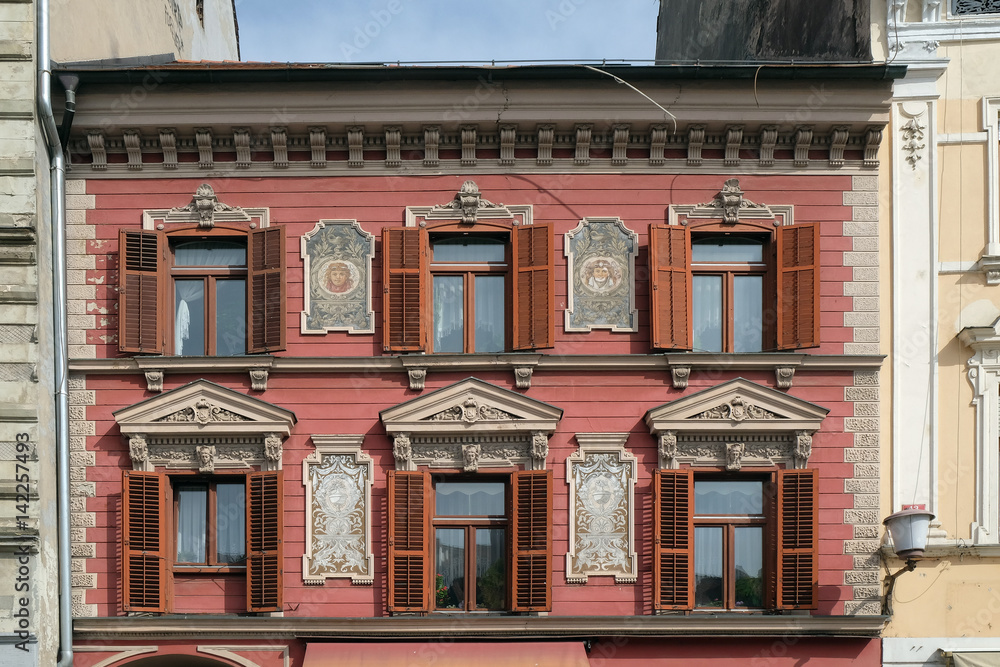 Old decorated house facade windows in Old Town. Maribor is the second largest city of Slovenia 