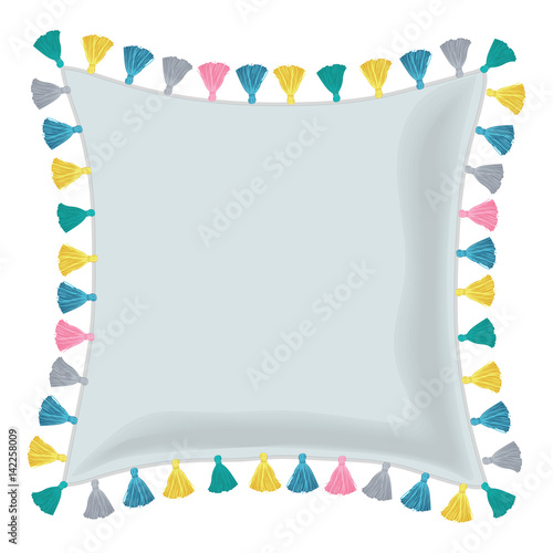 Vector Grey Pillow Decorated With Colorful Decorative Tassels. Editable Template Design.