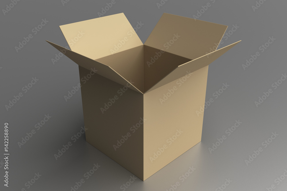Opened cardboard box isolated on semi gloss light grey background. 3D illustration. Opened cardboard box isolated on semi gloss light grey background. 3D illustration.