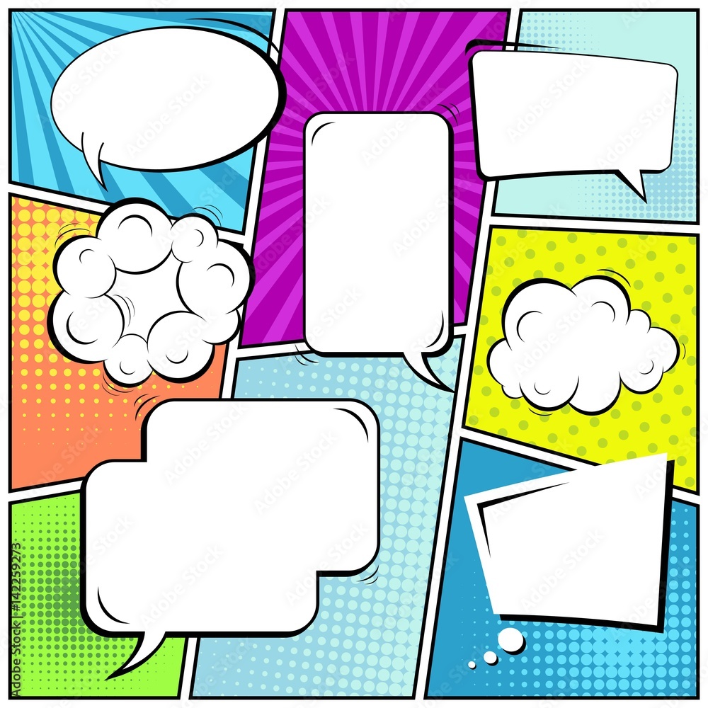 Naklejka premium Abstract creative concept vector comic pop art style blank, layout template with clouds beams and isolated dots background. For sale banner, empty speech bubble set, illustration halftone book design.