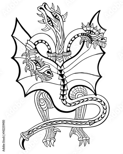 Three-headed dragon. Coloring book. Hand drawn vector illustration with geometric and floral elements. 