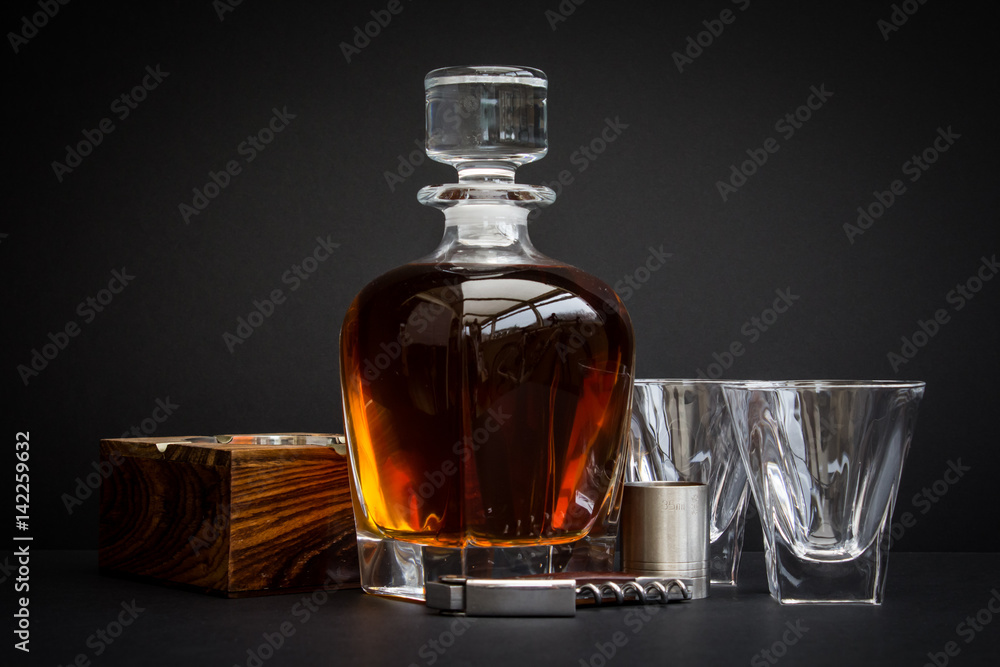 Whiskey Decanter, ashtray, glasses, jugger and opener Whiskey Decanter, ashtray, glasses, jugger and opener