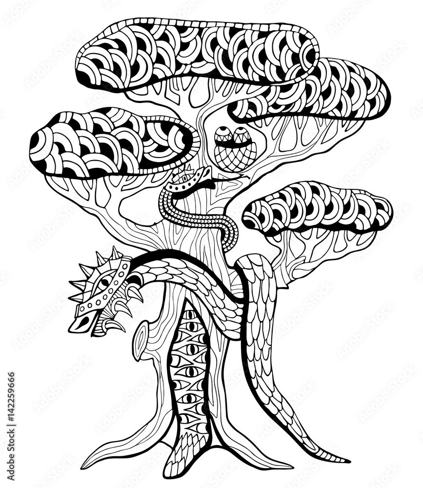 Naklejka premium Expulsion from Paradise. Snake on a tree. Coloring book. Hand drawn vector illustration with geometric and floral elements.