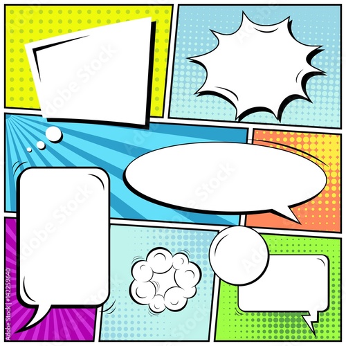 Abstract creative concept vector comic pop art style blank, layout template with clouds beams and isolated dots background. For sale banner, empty speech bubble set, illustration halftone book design.