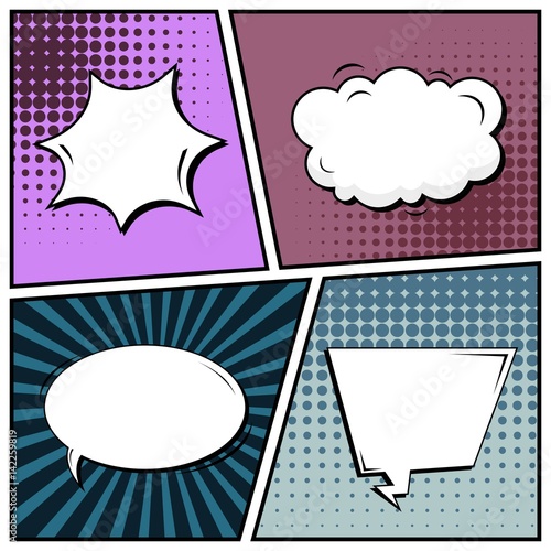 Abstract creative concept vector comic pop art style blank, layout template with clouds beams and isolated dots background. For sale banner, empty speech bubble set, illustration halftone book design.