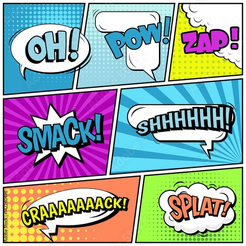 Abstract creative concept vector comic pop art style blank, layout template with clouds beams and isolated dots background. For sale banner, empty speech bubble set, illustration halftone book design.