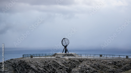 Nordkapp, Norway - June 6, 2016: Globe monument at Nordkapp, the northernmost point of Europe