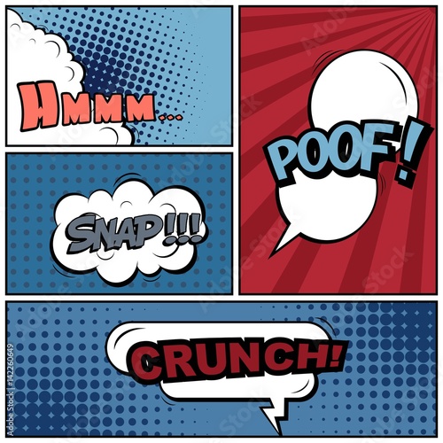 Abstract creative concept vector comic pop art style blank, layout template with clouds beams and isolated dots background. For sale banner, empty speech bubble set, illustration halftone book design.