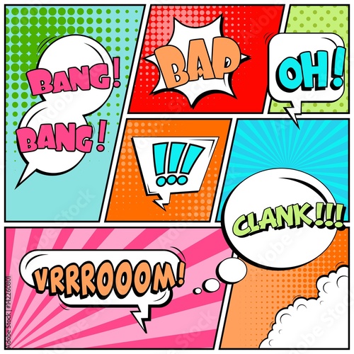 Abstract creative concept vector comic pop art style blank, layout template with clouds beams and isolated dots background. For sale banner, empty speech bubble set, illustration halftone book design.