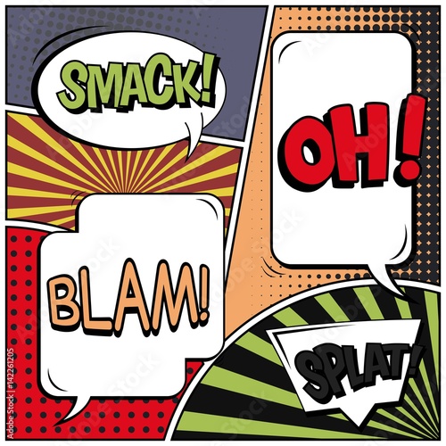 Abstract creative concept vector comic pop art style blank, layout template with clouds beams and isolated dots background. For sale banner, empty speech bubble set, illustration halftone book design.