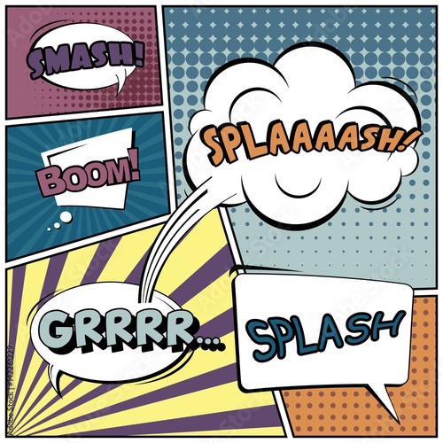 Abstract creative concept vector comic pop art style blank, layout template with clouds beams and isolated dots background. For sale banner, empty speech bubble set, illustration halftone book design.