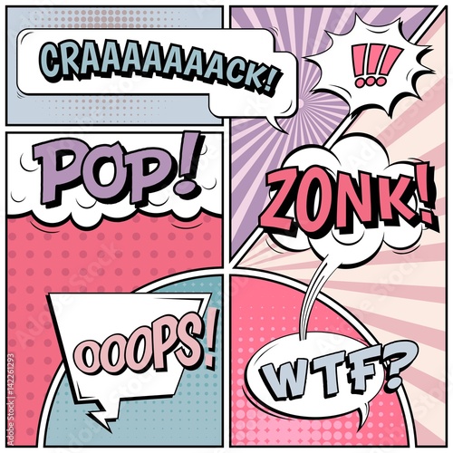 Abstract creative concept vector comic pop art style blank, layout template with clouds beams and isolated dots background. For sale banner, empty speech bubble set, illustration halftone book design.