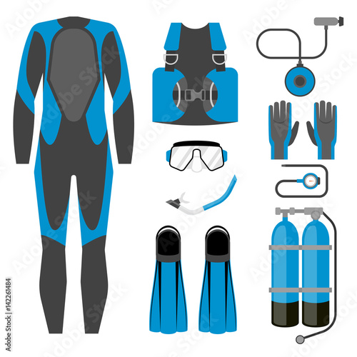 Set of diving equipment icon. Wetsuit, scuba gear and accessories Underwater activity sports item.