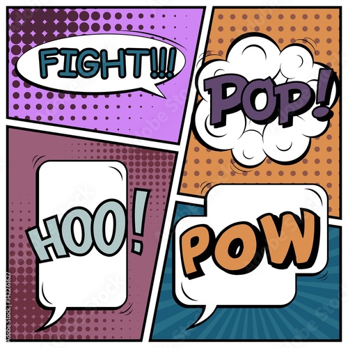 Abstract creative concept vector comic pop art style blank, layout template with clouds beams and isolated dots background. For sale banner, empty speech bubble set, illustration halftone book design.