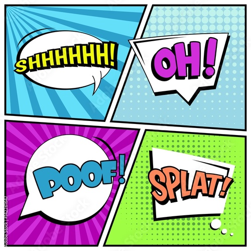 Abstract creative concept vector comic pop art style blank, layout template with clouds beams and isolated dots background. For sale banner, empty speech bubble set, illustration halftone book design.