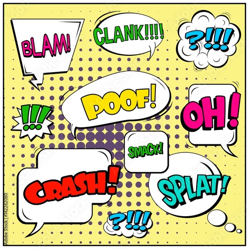 Abstract creative concept vector comic pop art style blank, layout template with clouds beams and isolated dots background. For sale banner, empty speech bubble set, illustration halftone book design.