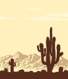 Sunset in lifless stone desert with cactuses. Vector landscape.