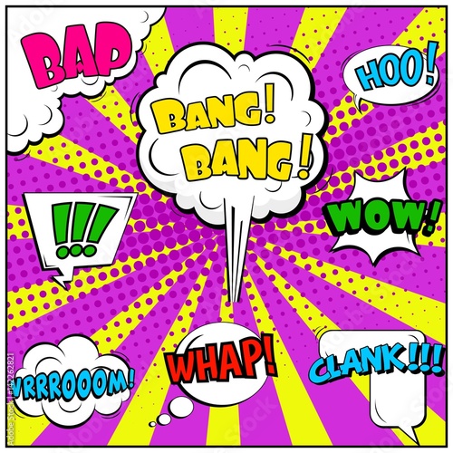 Abstract creative concept vector comic pop art style blank, layout template with clouds beams and isolated dots background. For sale banner, empty speech bubble set, illustration halftone book design.