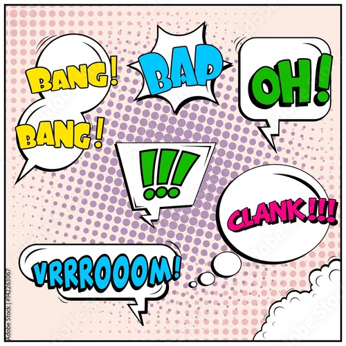 Abstract creative concept vector comic pop art style blank, layout template with clouds beams and isolated dots background. For sale banner, empty speech bubble set, illustration halftone book design.