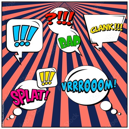 Abstract creative concept vector comic pop art style blank, layout template with clouds beams and isolated dots background. For sale banner, empty speech bubble set, illustration halftone book design.