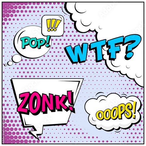 Abstract creative concept vector comic pop art style blank, layout template with clouds beams and isolated dots background. For sale banner, empty speech bubble set, illustration halftone book design.