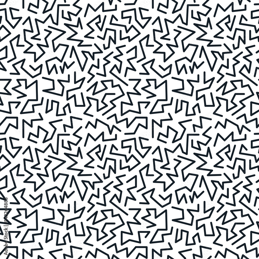 Trendy memphis style seamless pattern inspired by 80s, 90s retro fashion design. Black and white hipster backdrop. Abstract doodle illustration from eighties.