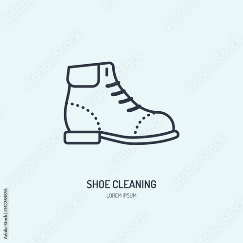 Shoes repair line icon, shoe shine logo. Leather boots cleaning service flat sign, illustration for footwear shop.