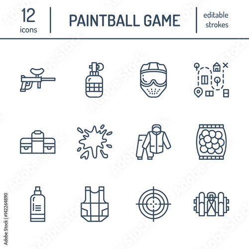 Paintball game line icons. Outdoor sport equipment, paint ball marker, uniform, mask, chest protection. Extreme leisure thin linear signs.