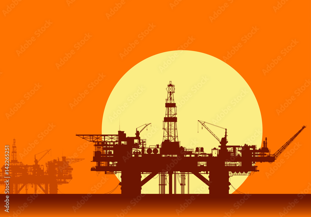 Sea oil rigs. Offshore drilling platforms in the sea over yellow sun. Detail vector illustration.