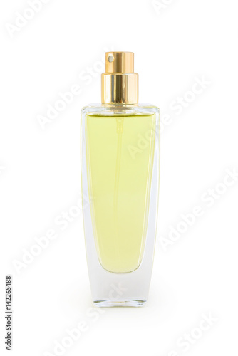 Glass perfume bottle on white background