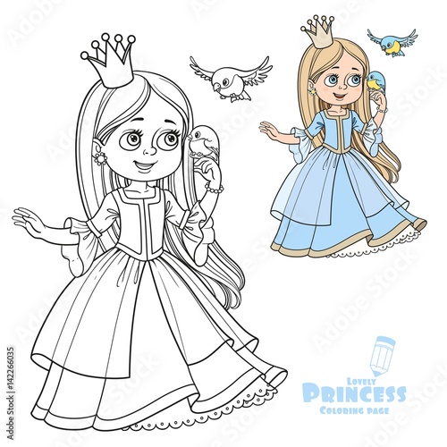 Cute princess with long hair holds on finger little bird color and outlined picture for coloring book on white background