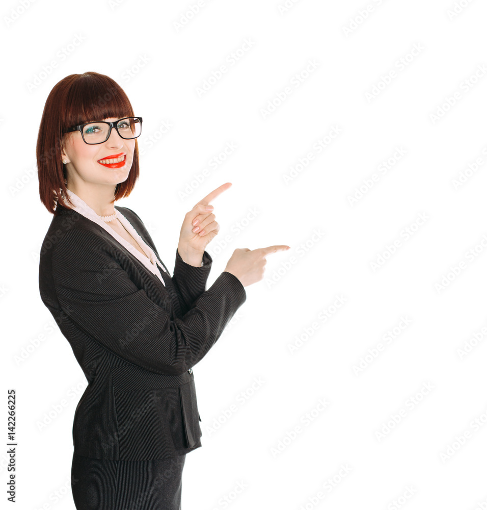 Businesswoman in glasses and black suit on white background Businesswoman in glasses and black suit on white background