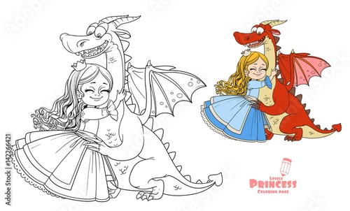 Little princess hugs dragon color and outlined picture for coloring book on white background
