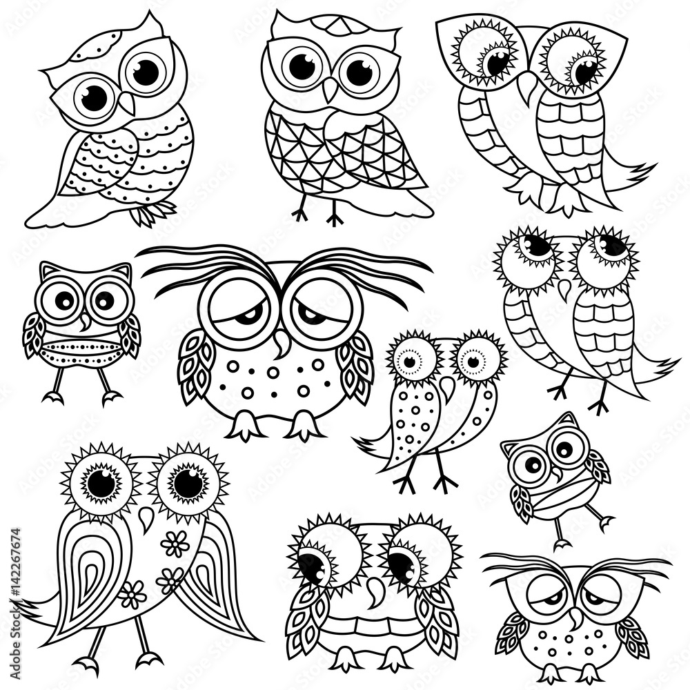 Eleven cartoon funny owl outlines Stock Vector | Adobe Stock