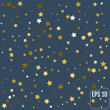 Gold Yellow Starry Background. Vector Confetti Star Background Pattern. Starlight Night.  Golden Starlit Card. Confetti Fall Chaotic Decor.