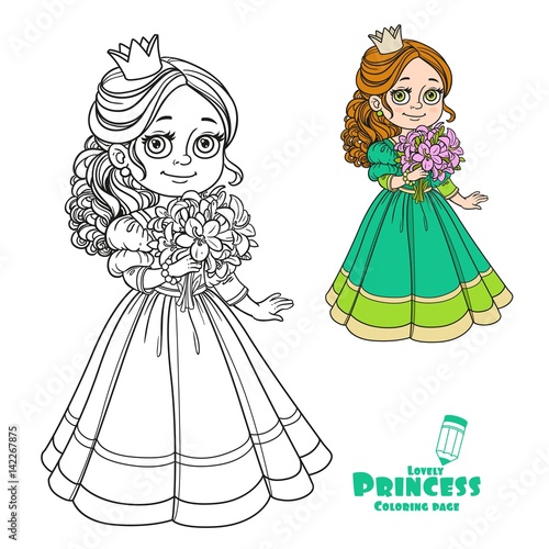 Beautiful princess holding bouquet of pink lilies in hand color and outlined picture for coloring book on white background