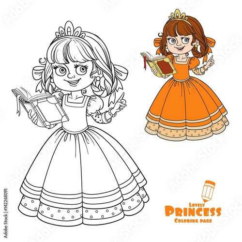 Beautiful princess read book color and outlined picture for coloring book on white background