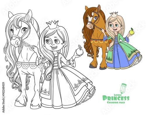 Beautiful princess with horse color and outlined picture for coloring book on white background
