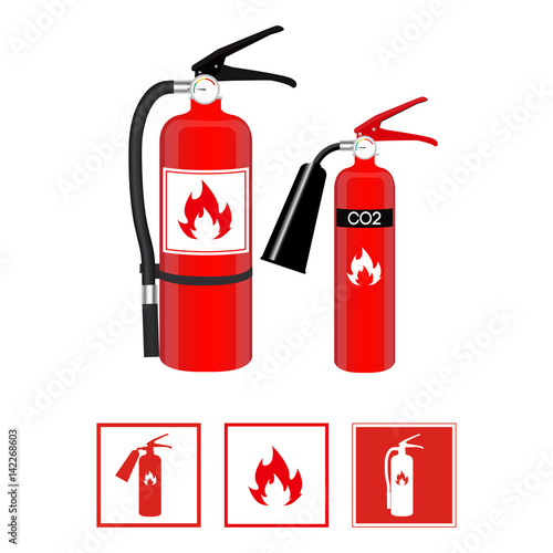Fire extinguishers in realistic style and flat signs isolated on white background. Vector illustration.