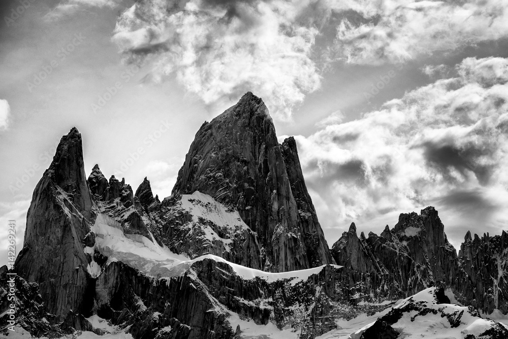 Mount Fitz Roy in Patagonia in Argentina and its neighboring granite towers