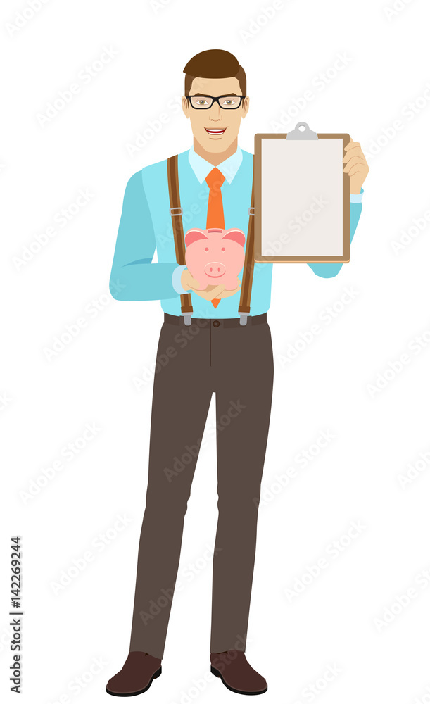 Businessman holding piggy bank and clipboard Businessman holding piggy bank and clipboard
