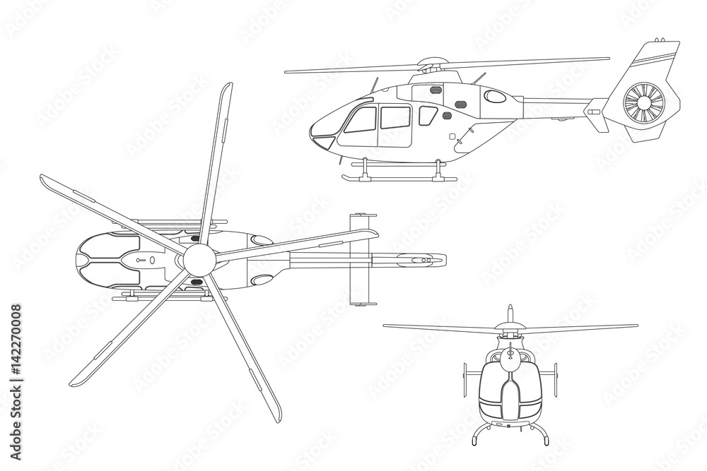 Outline drawing of helicopter on white background. Top, side, front view. Technical blueprint Outline drawing of helicopter on white background. Top, side, front view. Technical blueprint